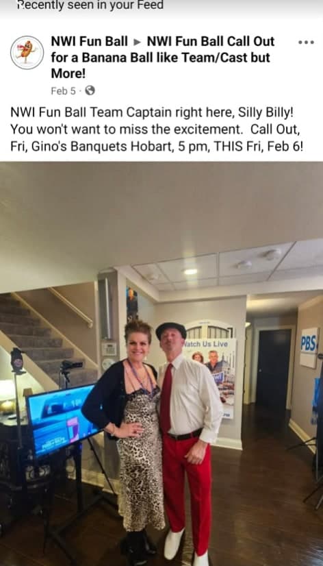 NWI Fun Ball team members Silly Billy and a teammate in costume at an indoor venue