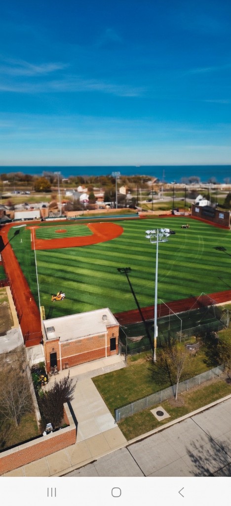 Oil City Stadium baseball field - aerial view of diamond and outfield on a sunny day